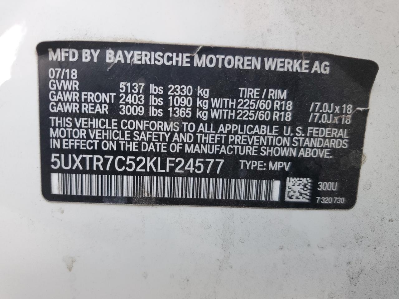 2019 BMW X3 Sdrive30I VIN: 5UXTR7C52KLF24577 Lot: 85684695