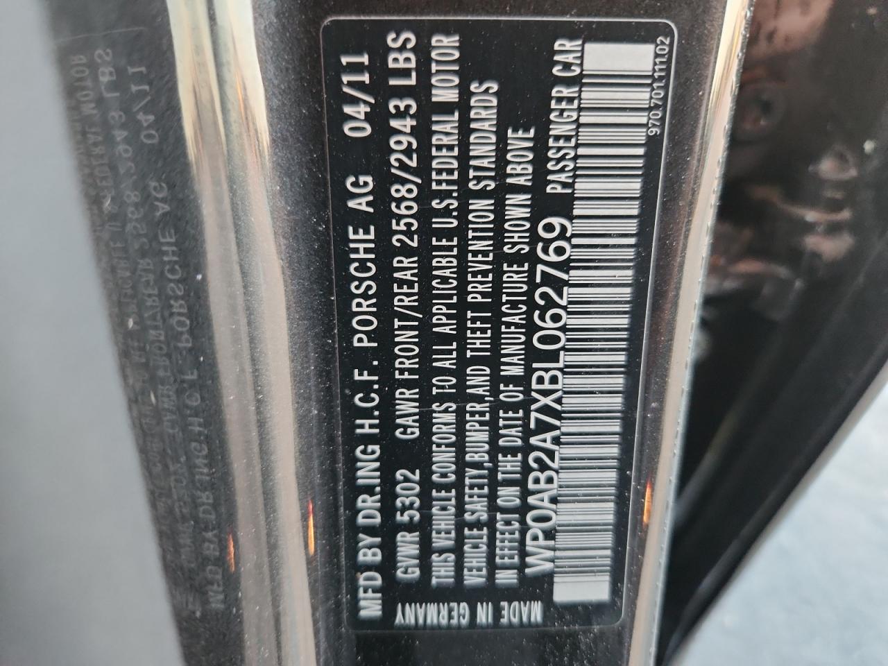 2011 Porsche Panamera S VIN: WP0AB2A7XBL06769 Lot: 84032885