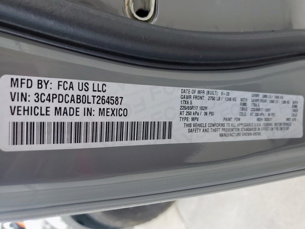2020 Dodge Journey Se VIN: 3C4PDCAB0LT264587 Lot: 82344675