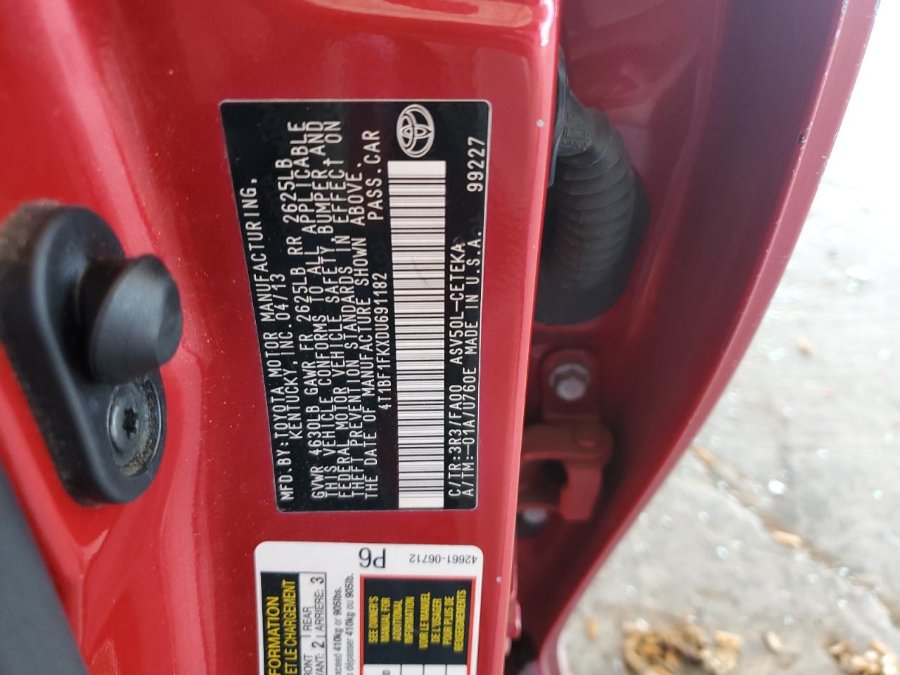 2013 Toyota Camry L VIN: 4T1BF1FKXDU691182 Lot: 82008625