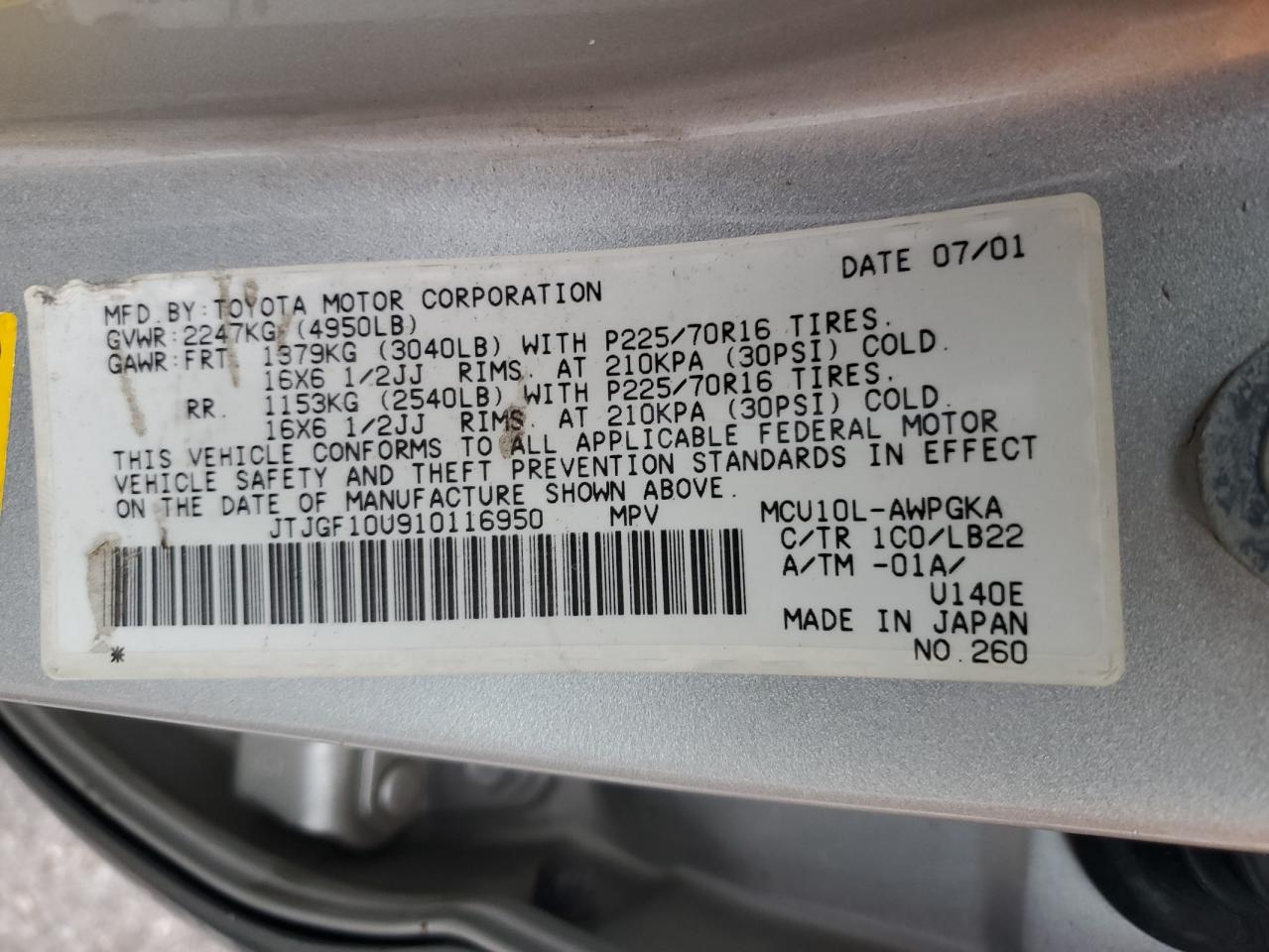 2001 Lexus Rx 300 VIN: JTJGF10U910116950 Lot: 91034755