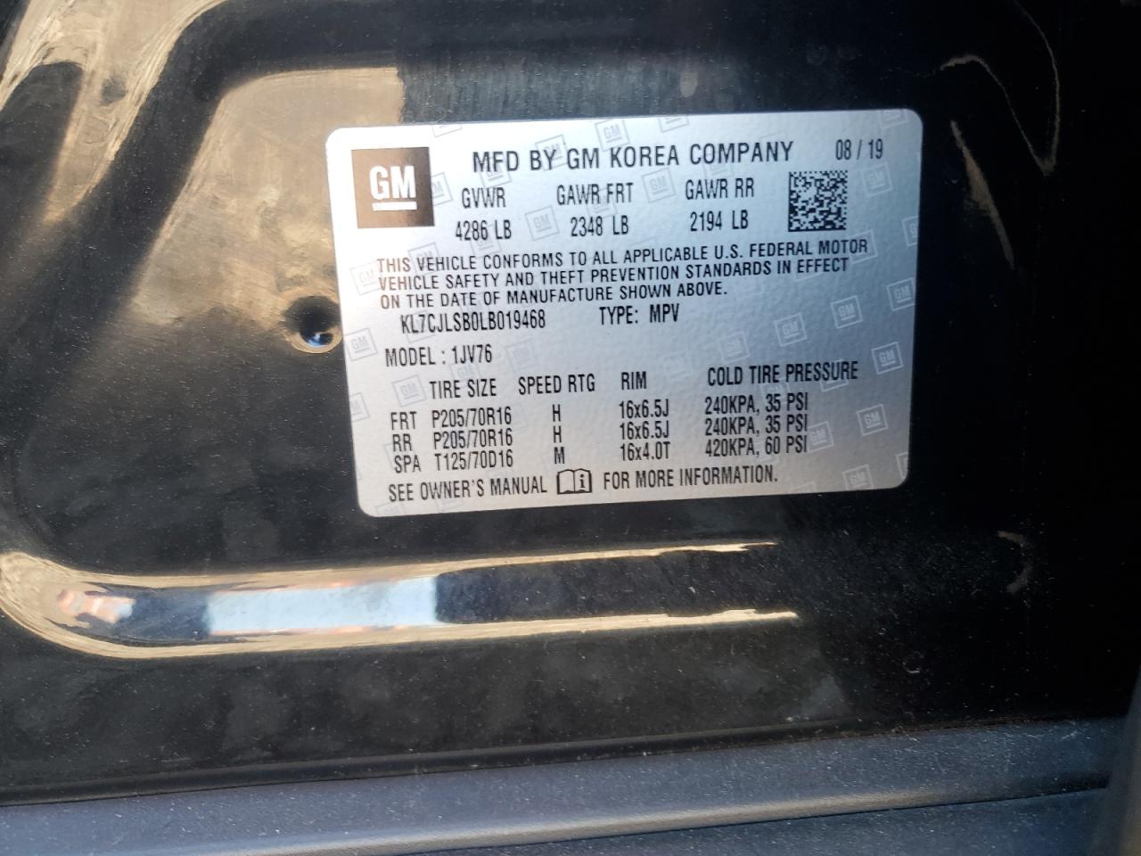 2020 Chevrolet Trax 1Lt VIN: KL7CJLSB0LB019468 Lot: 87313415