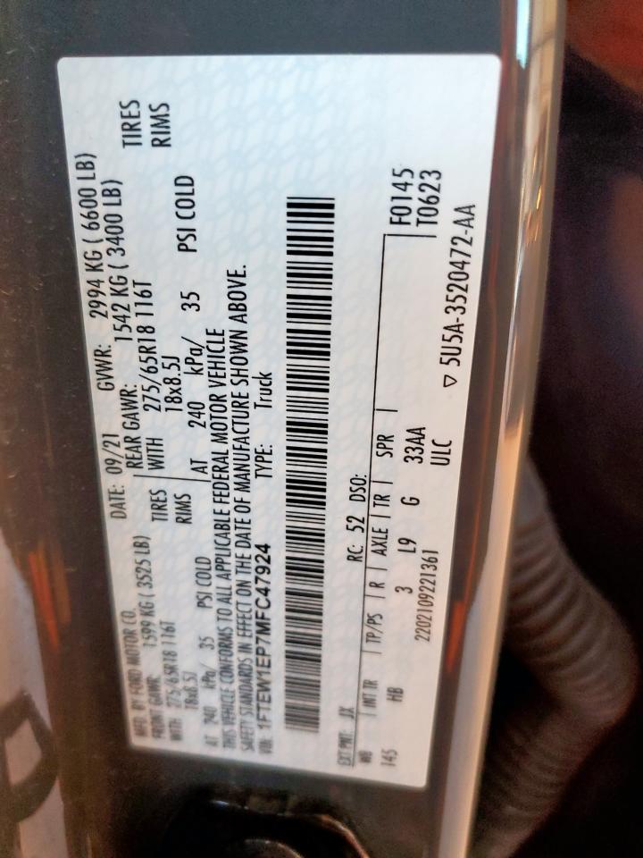 2021 Ford F150 Supercrew VIN: 1FTEW1EP7MFC47924 Lot: 90439855