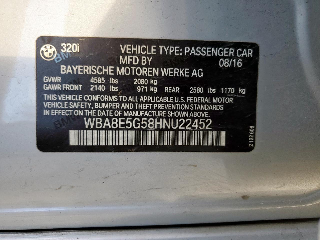 2017 BMW 320 Xi VIN: WBA8E5G58HNU22452 Lot: 84893605