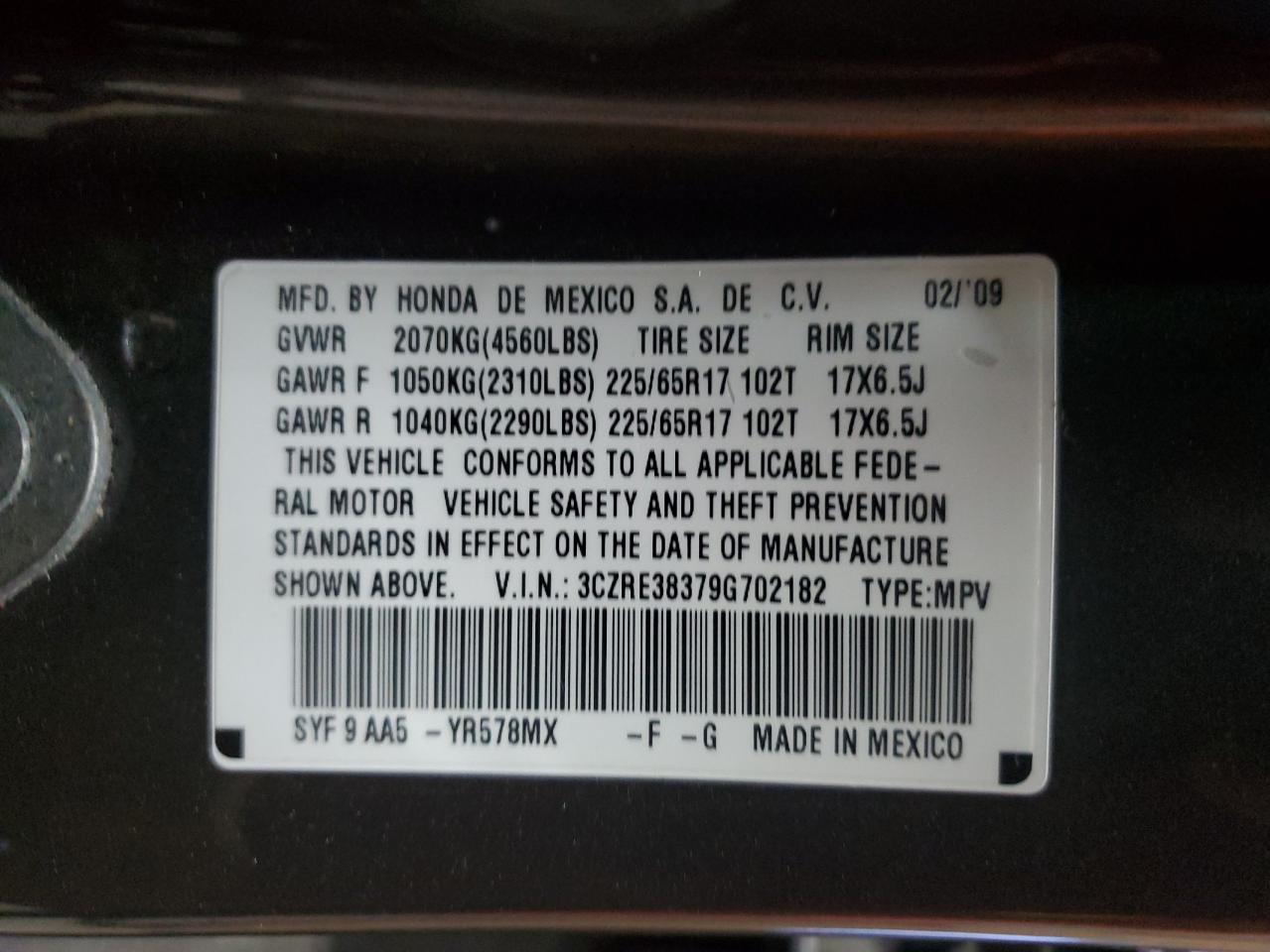 2009 Honda Cr-V Lx VIN: 3CZRE38379G702182 Lot: 89649995