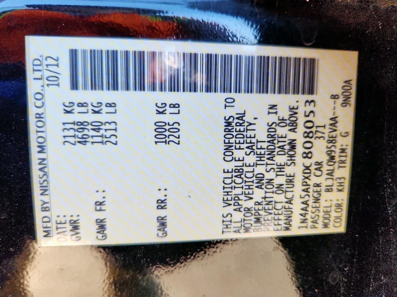 2013 Nissan Maxima S VIN: 1N4AA5APXDC808053 Lot: 90033355