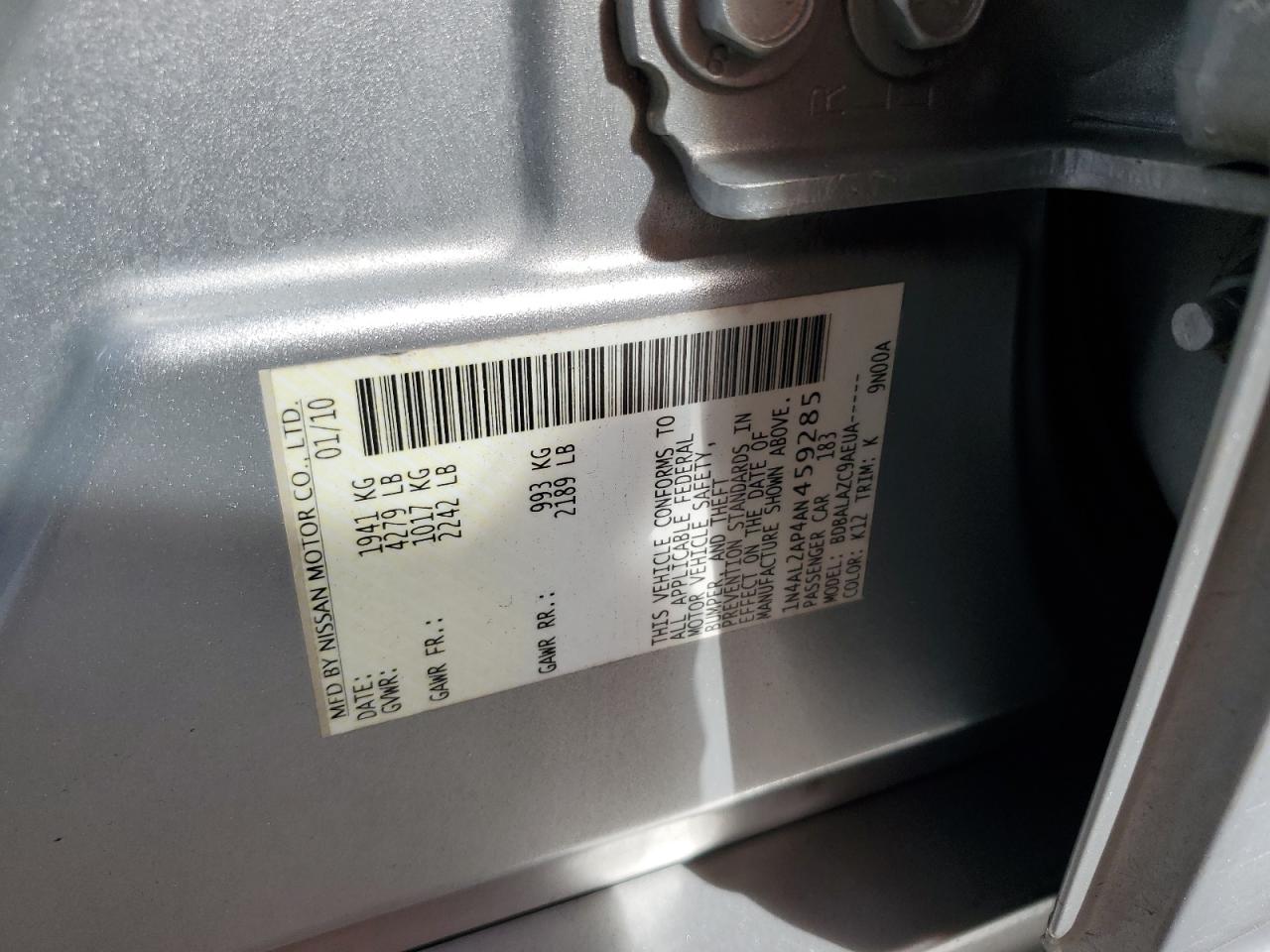 2010 Nissan Altima Base VIN: 1N4AL2AP4AN459285 Lot: 85386365