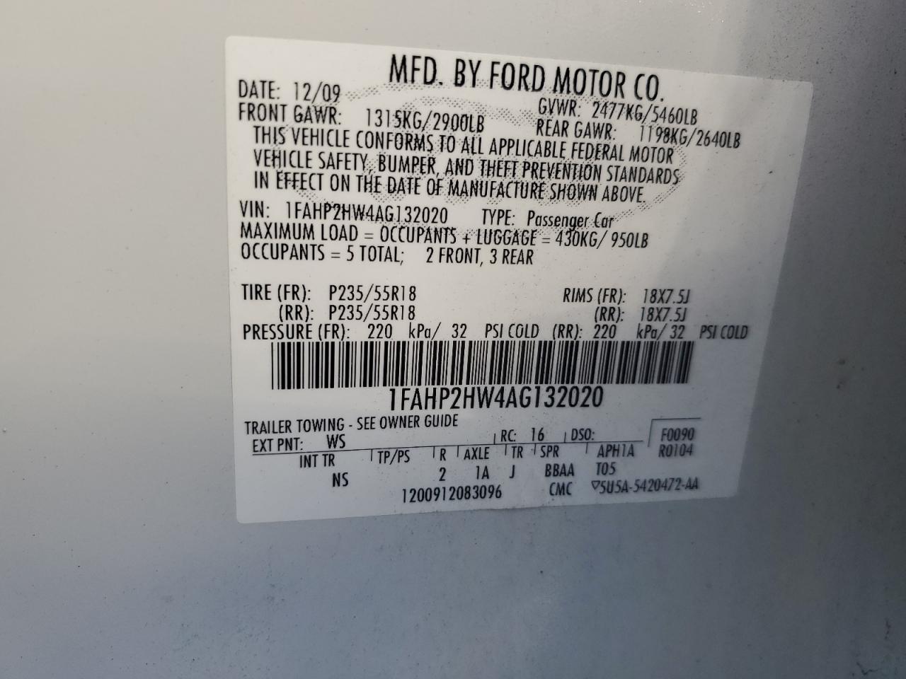 2010 Ford Taurus Sel VIN: 1FAHP2HW4AG132020 Lot: 85869795