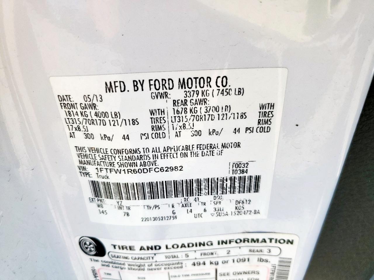 2013 Ford F150 Svt Raptor VIN: 1FTFW1R60DFC62982 Lot: 81950735