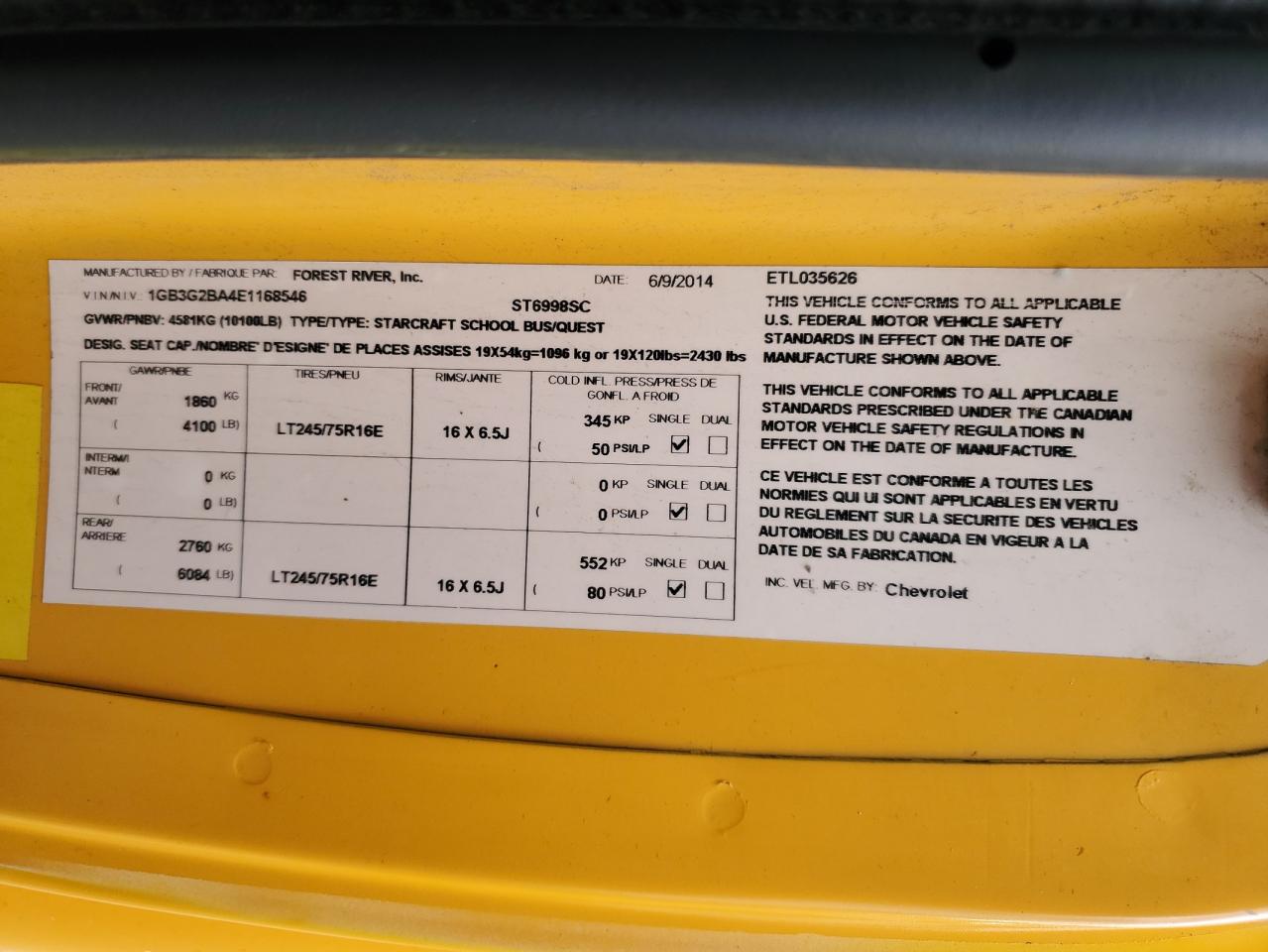 2014 Thomas Minotour G3500 - School Bus VIN: 1GB3G2BA4E1168546 Lot: 86340085