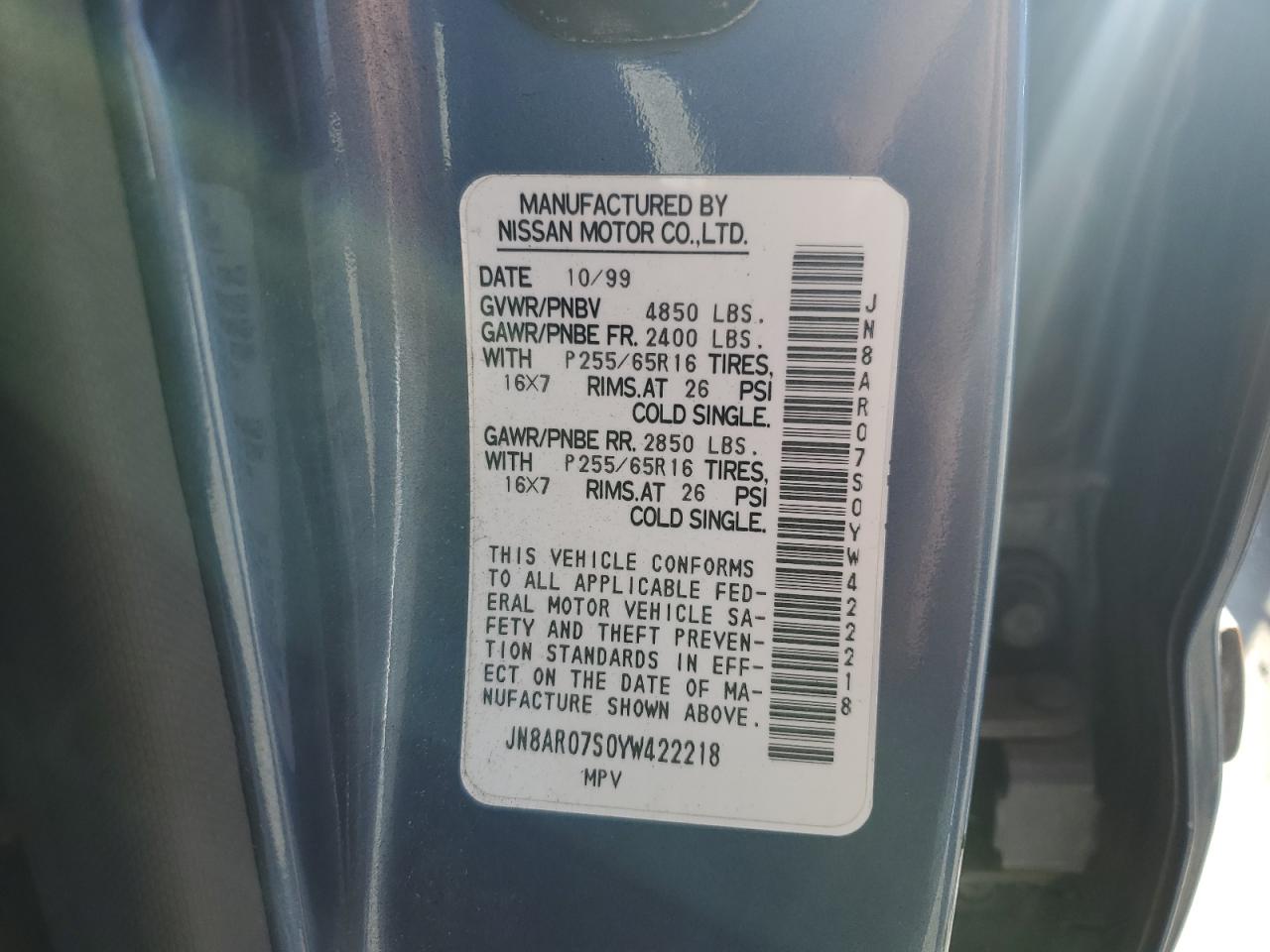 2000 Nissan Pathfinder Le VIN: JN8AR07S0YW422218 Lot: 85801405