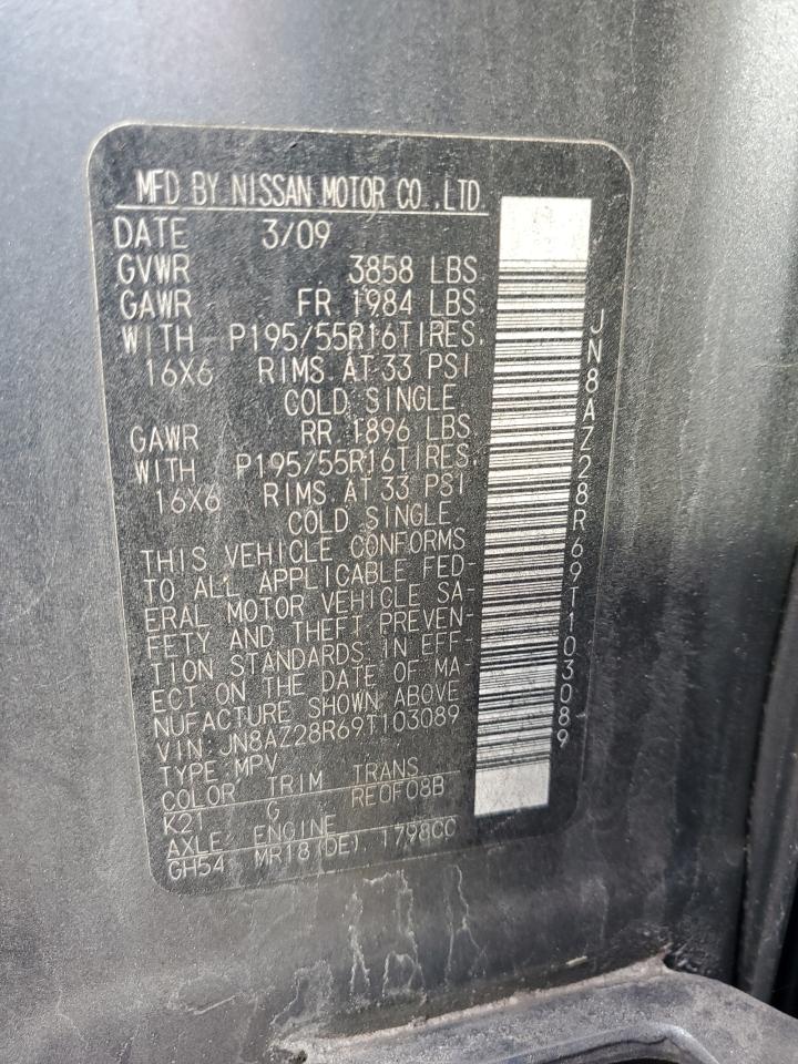 2009 Nissan Cube Base VIN: JN8AZ28R69T103089 Lot: 82770055