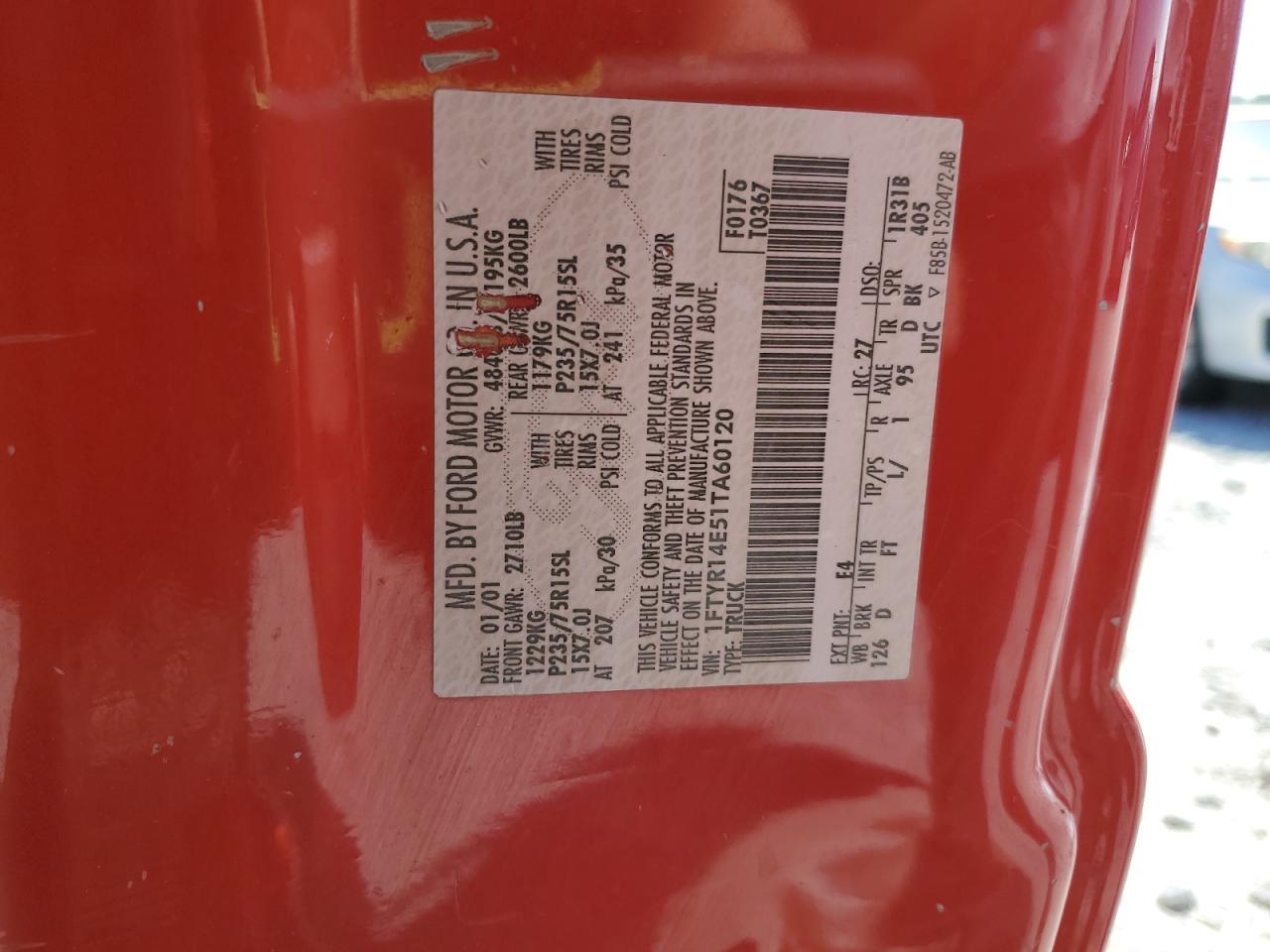 2001 Ford Ranger Super Cab VIN: 1FTYR14E51TA60120 Lot: 84405355