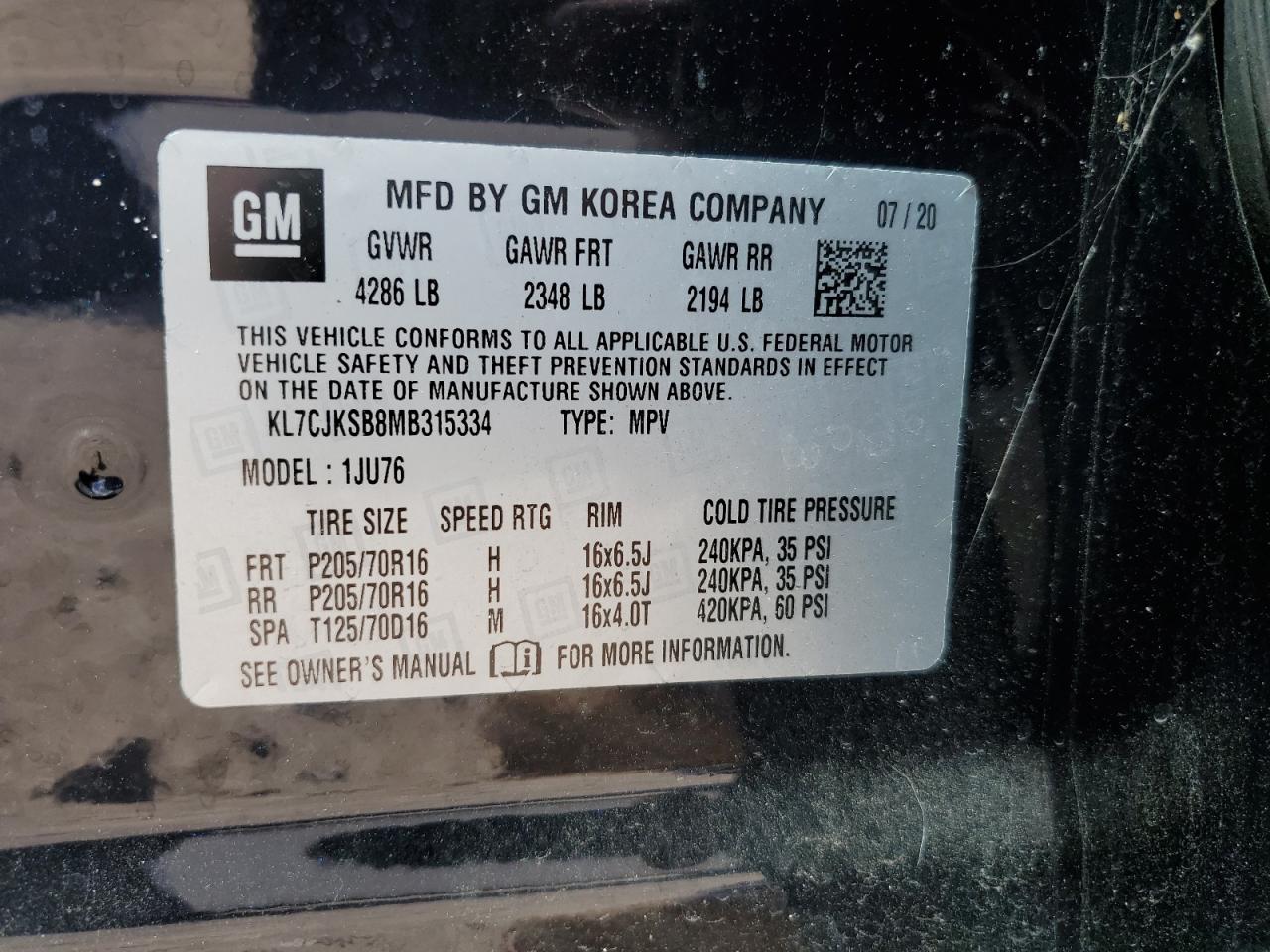 2021 Chevrolet Trax Ls VIN: KL7CJKSB8MB315334 Lot: 84699045