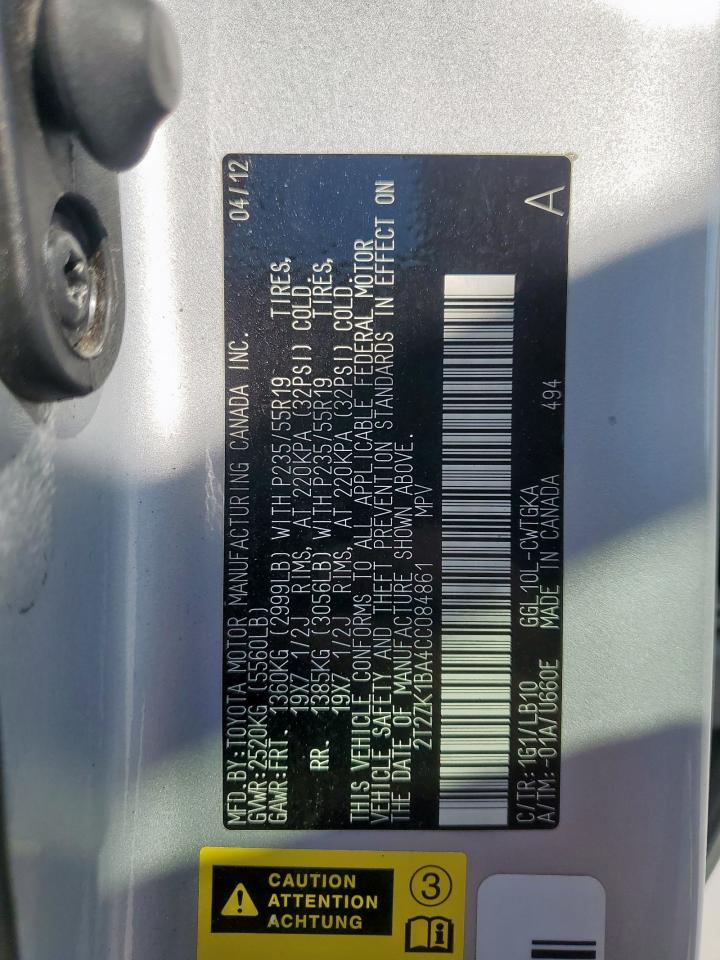 2012 Lexus Rx 350 VIN: 2T2ZK1BA4CC084861 Lot: 84247625