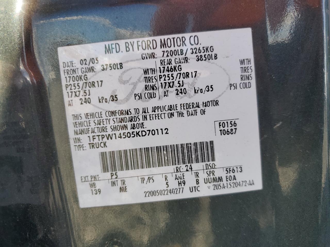 2005 Ford F150 Supercrew VIN: 1FTPW14505KD70112 Lot: 89680865