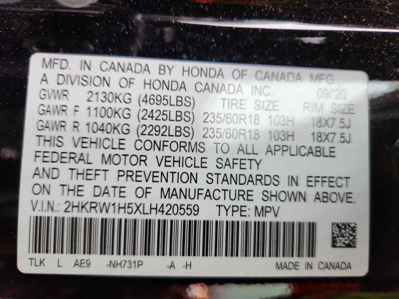 2020 Honda Cr-V Ex VIN: 2HKRW1H5XLH420559 Lot: 85766445