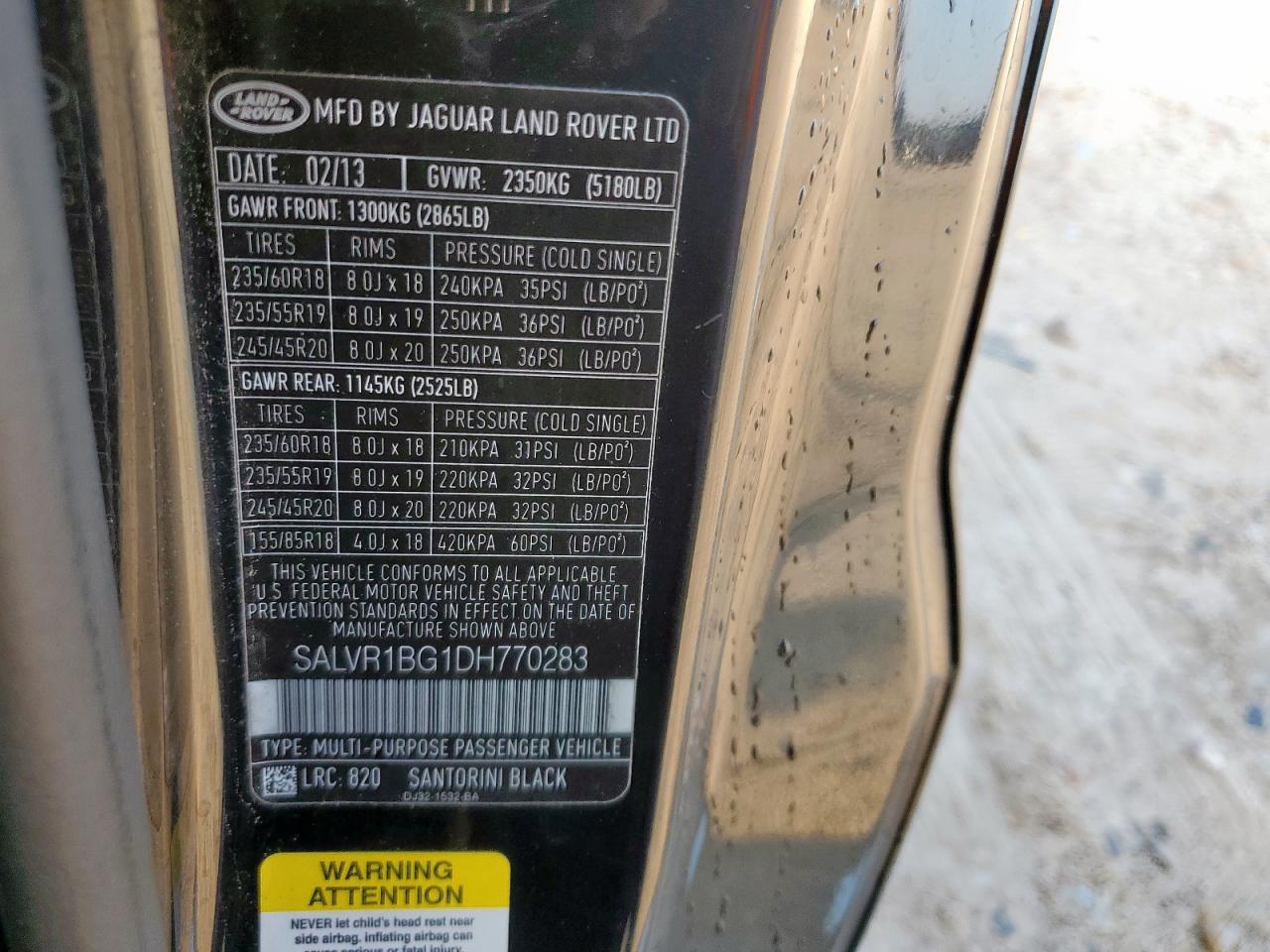 2013 Land Rover Range Rover Evoque Pure Premium VIN: SALVR1BG1DH770283 Lot: 90503065