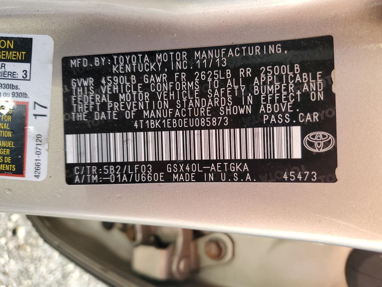 2014 Toyota Avalon Base VIN: 4T1BK1EB0EU085873 Lot: 86741355