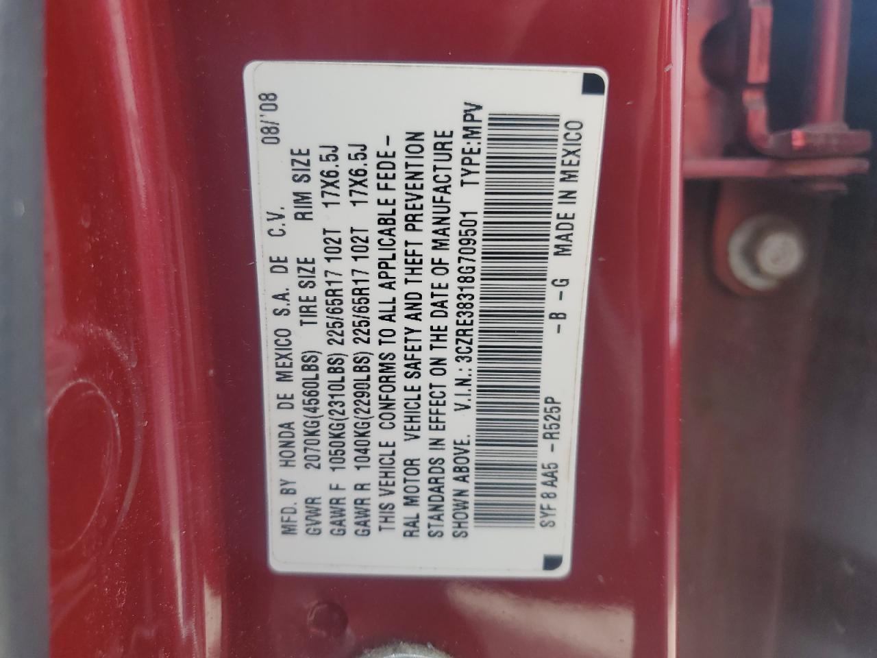 2008 Honda Cr-V Lx VIN: 3CZRE38318G709501 Lot: 81992675