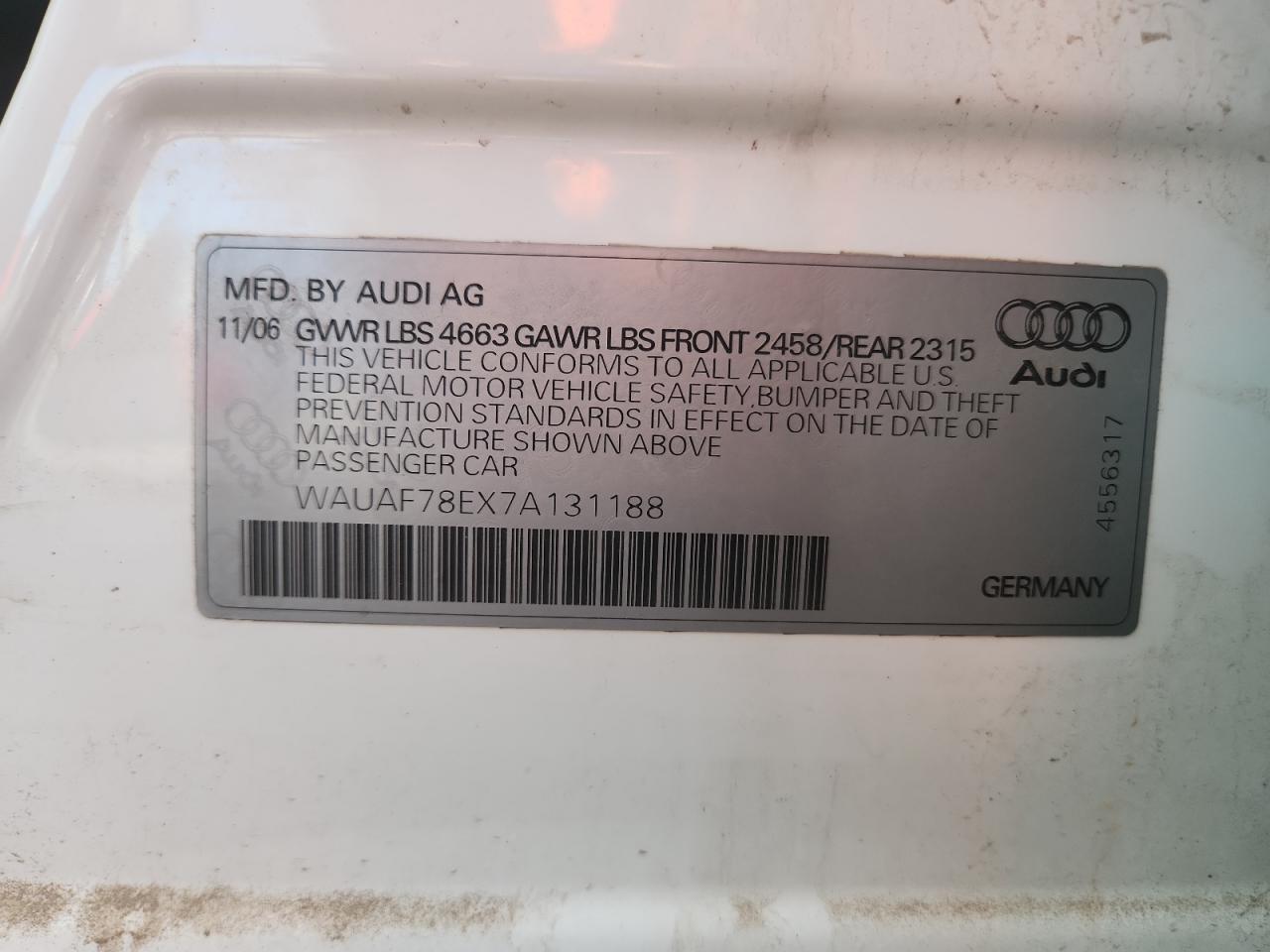 2007 Audi A4 2 VIN: WAUAF78EX7A131188 Lot: 89441315