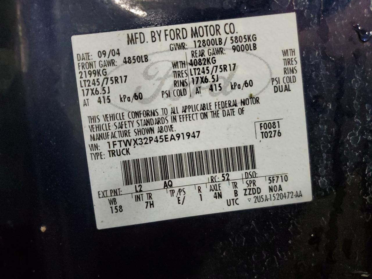 2005 Ford F350 Super Duty VIN: 1FTWX32P45EA91947 Lot: 84565025