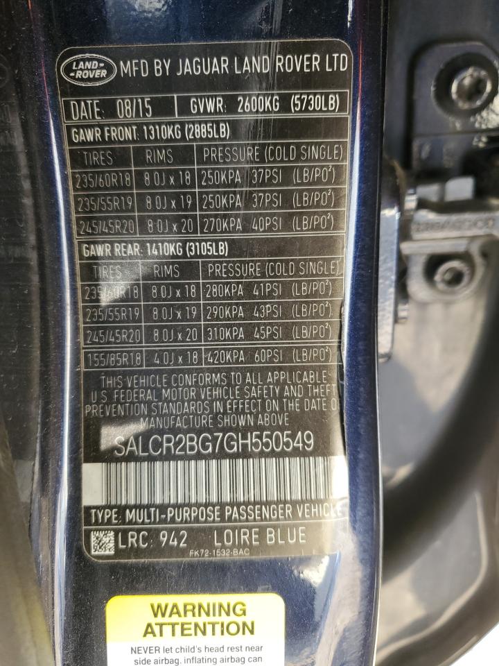 2016 Land Rover Discovery Sport Hse VIN: SALCR2BG7GH550549 Lot: 86080125