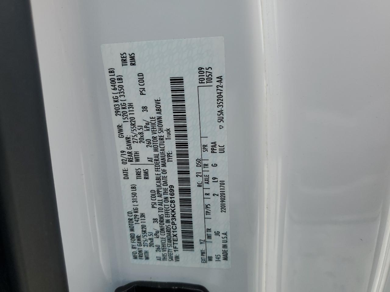 2019 Ford F150 Super Cab VIN: 1FTEX1CP3KKC81699 Lot: 86057185