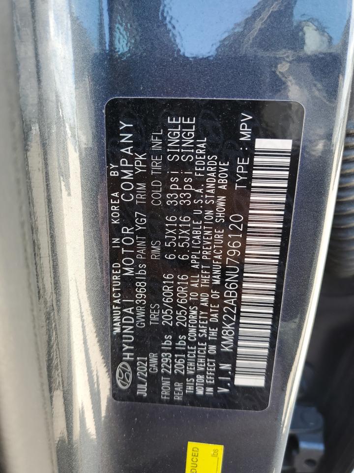 2022 Hyundai Kona Sel VIN: KM8K22AB6NU796120 Lot: 86477285