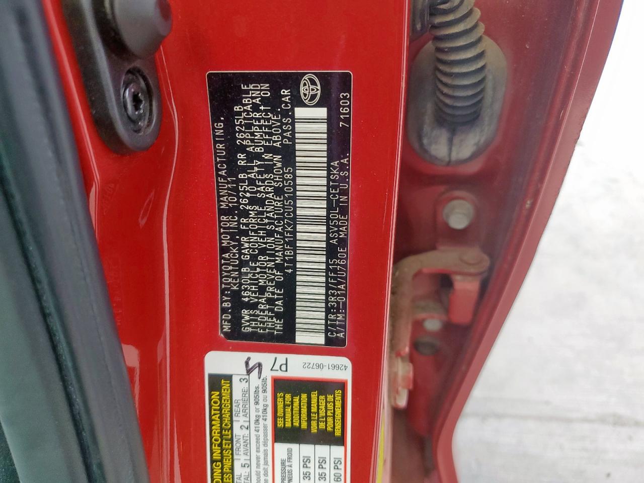 2012 Toyota Camry Base VIN: 4T1BF1FK7CU510585 Lot: 82282245