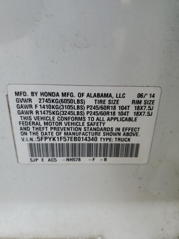 2014 Honda Ridgeline Rtl VIN: 5FPYK1F57EB014340 Lot: 86303225