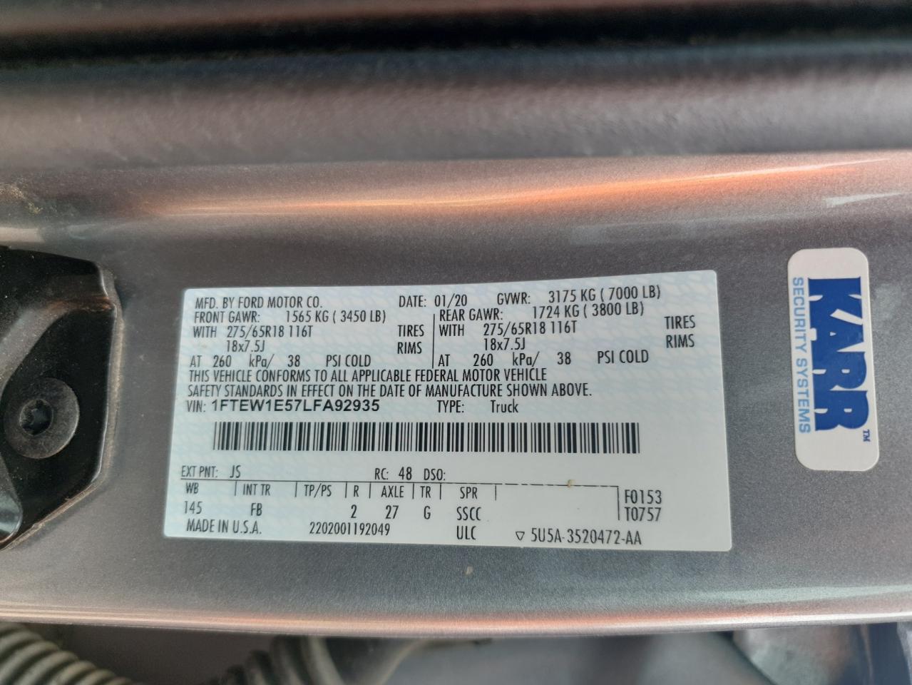 2020 Ford F150 Supercrew VIN: 1FTEW1E57LFA92935 Lot: 85368125