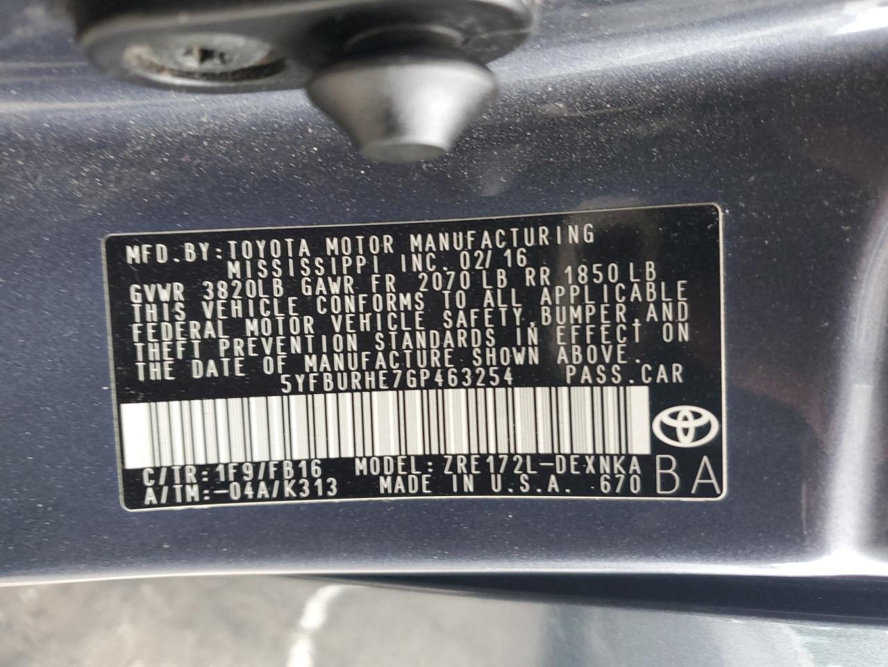 2016 Toyota Corolla L VIN: 5YFBURHE7GP463254 Lot: 82289195