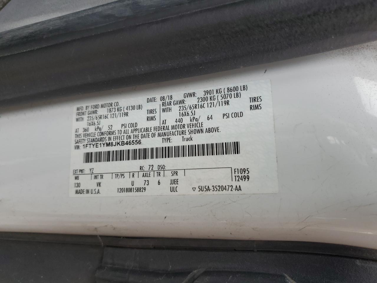 2018 Ford Transit T-150 VIN: 1FTYE1YM8JKB46556 Lot: 86552865