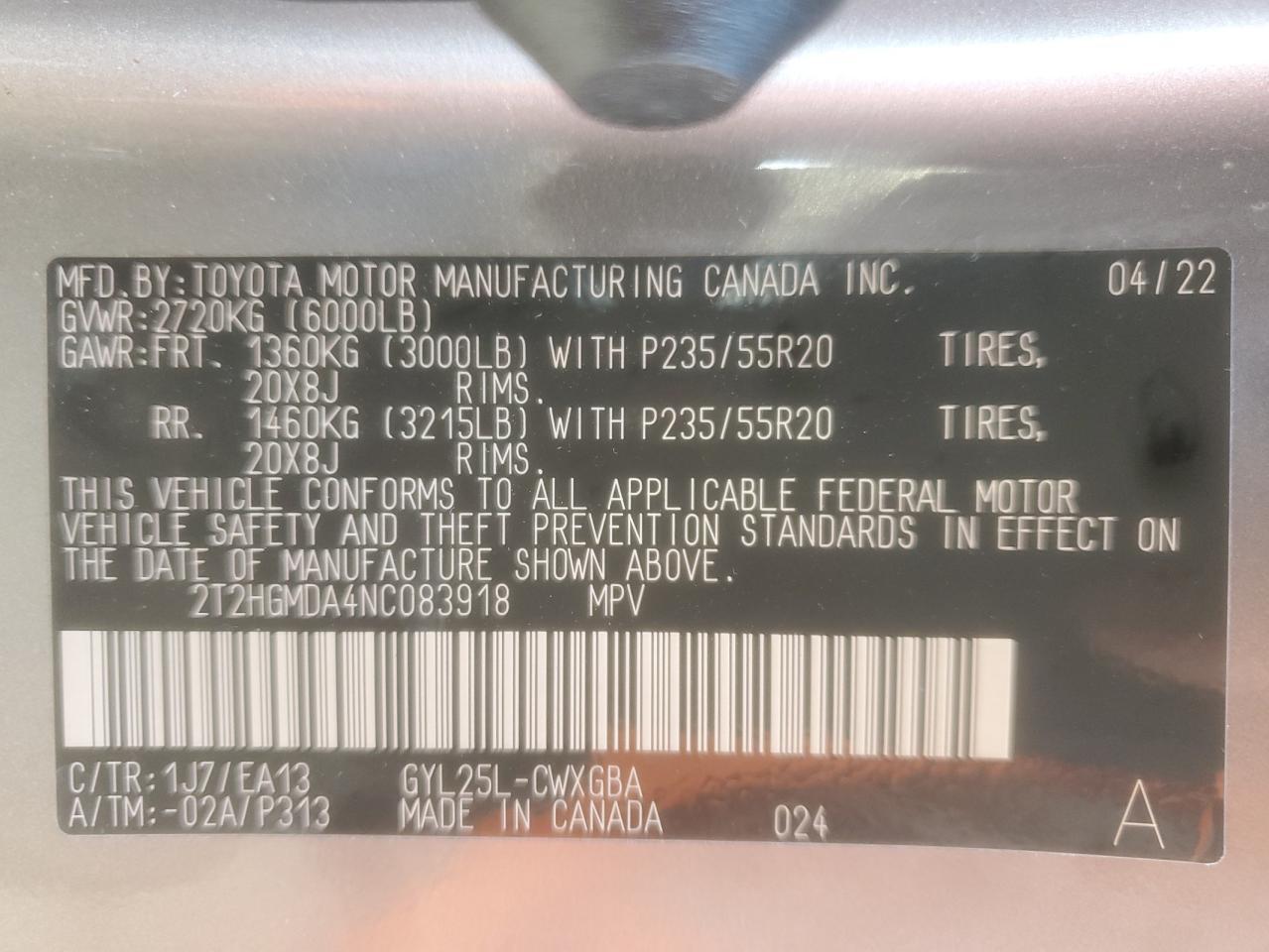 2022 Lexus Rx 450H VIN: 2T2HGMDA4NC083918 Lot: 87411845