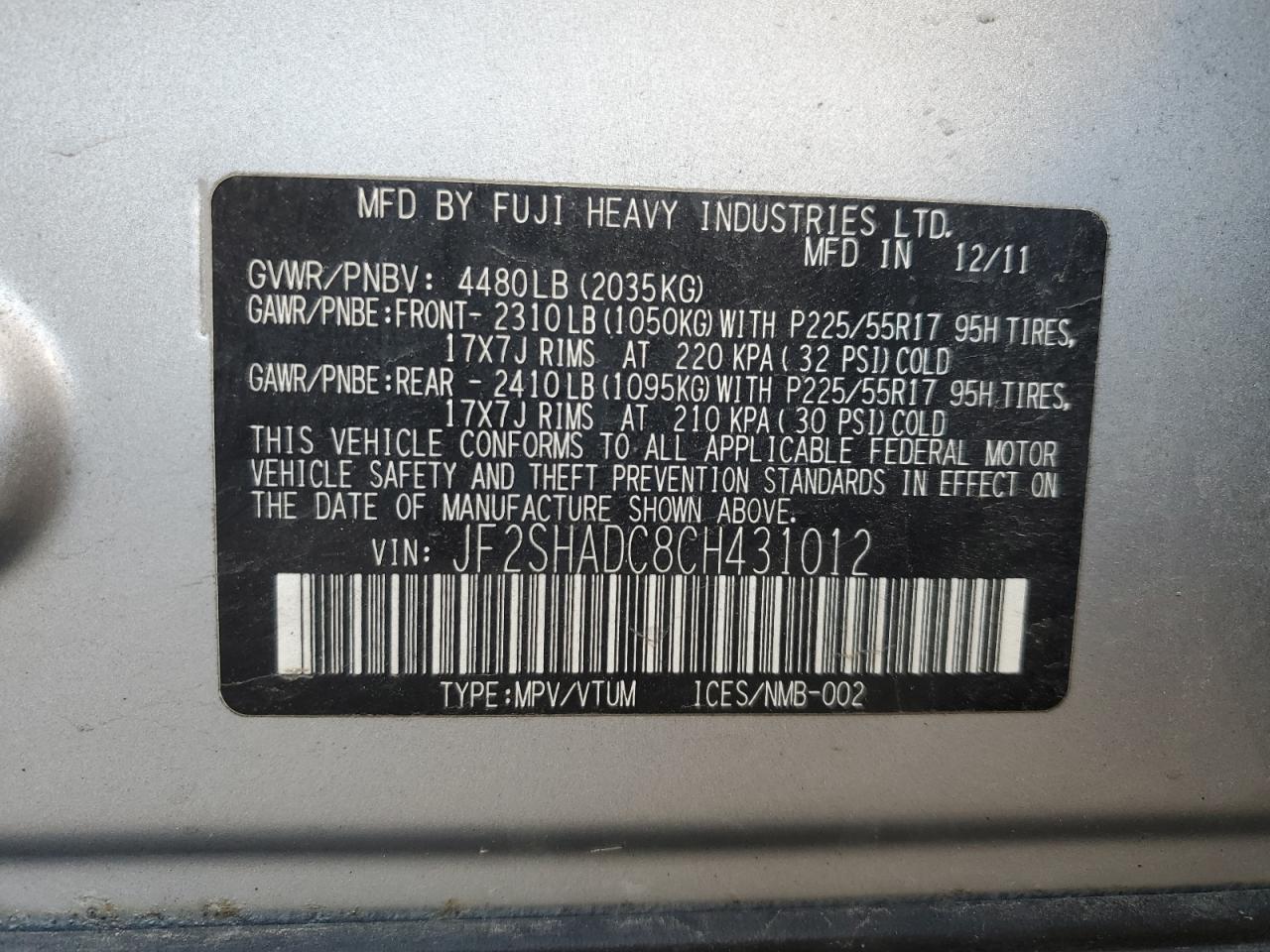 2012 Subaru Forester 2.5X Premium VIN: JF2SHADC8CH431012 Lot: 81662895