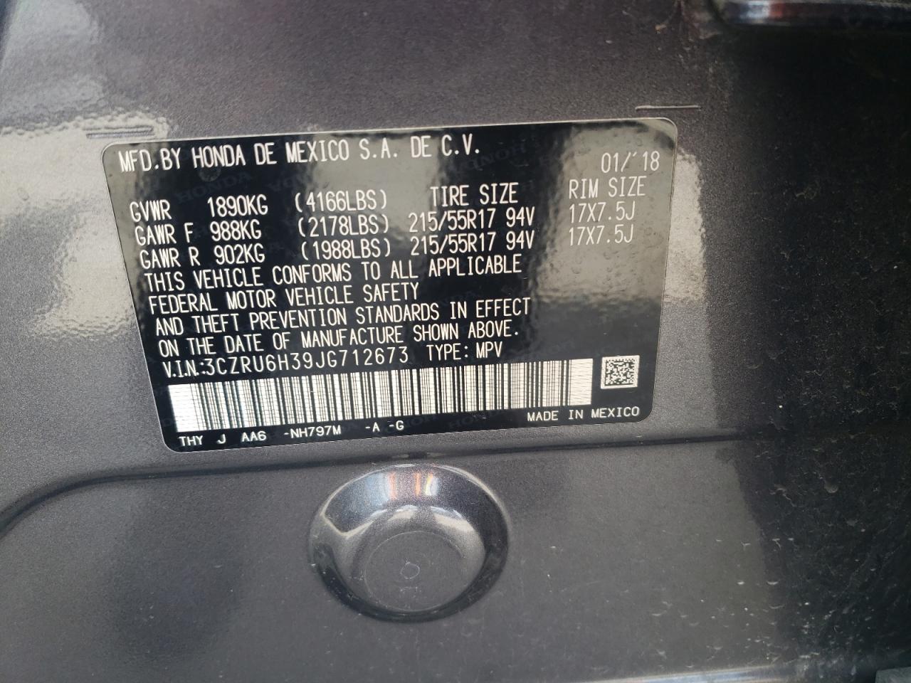 2018 Honda Hr-V Lx VIN: 3CZRU6H39JG712673 Lot: 85874295