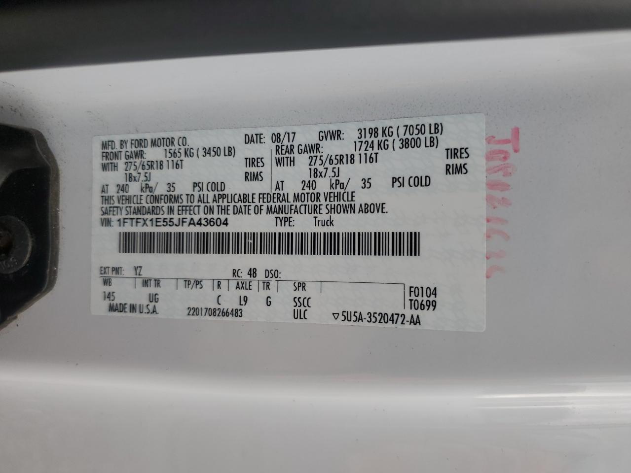 2018 Ford F150 Super Cab VIN: 1FTFX1E55JFA43604 Lot: 84291735
