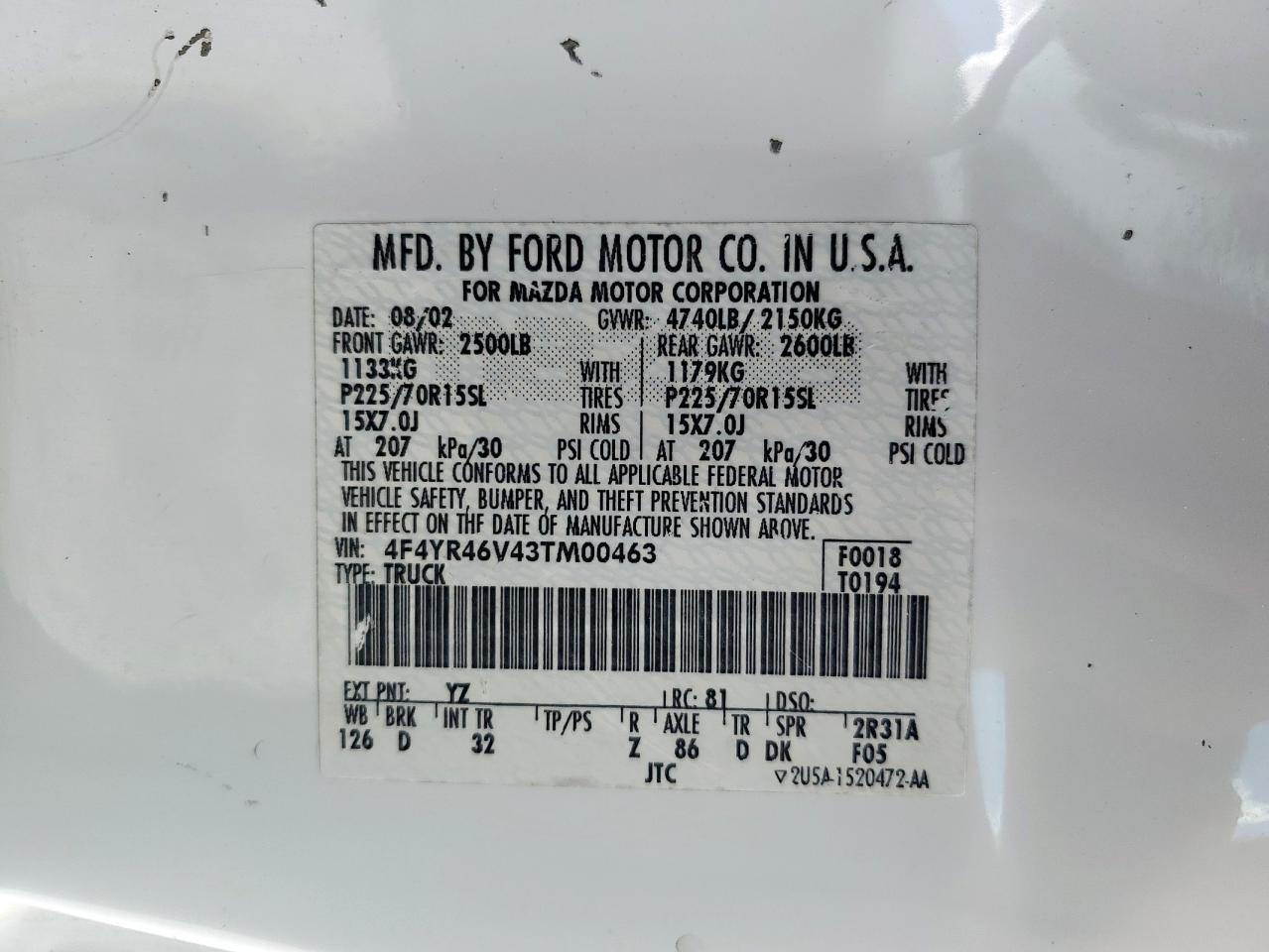 2003 Mazda B3000 Cab Plus VIN: 4F4YR46V43TM00463 Lot: 84985495