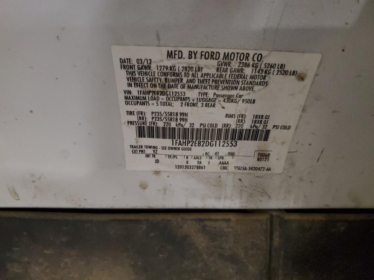 2013 Ford Taurus Sel VIN: 1FAHP2E82DG112553 Lot: 82366545