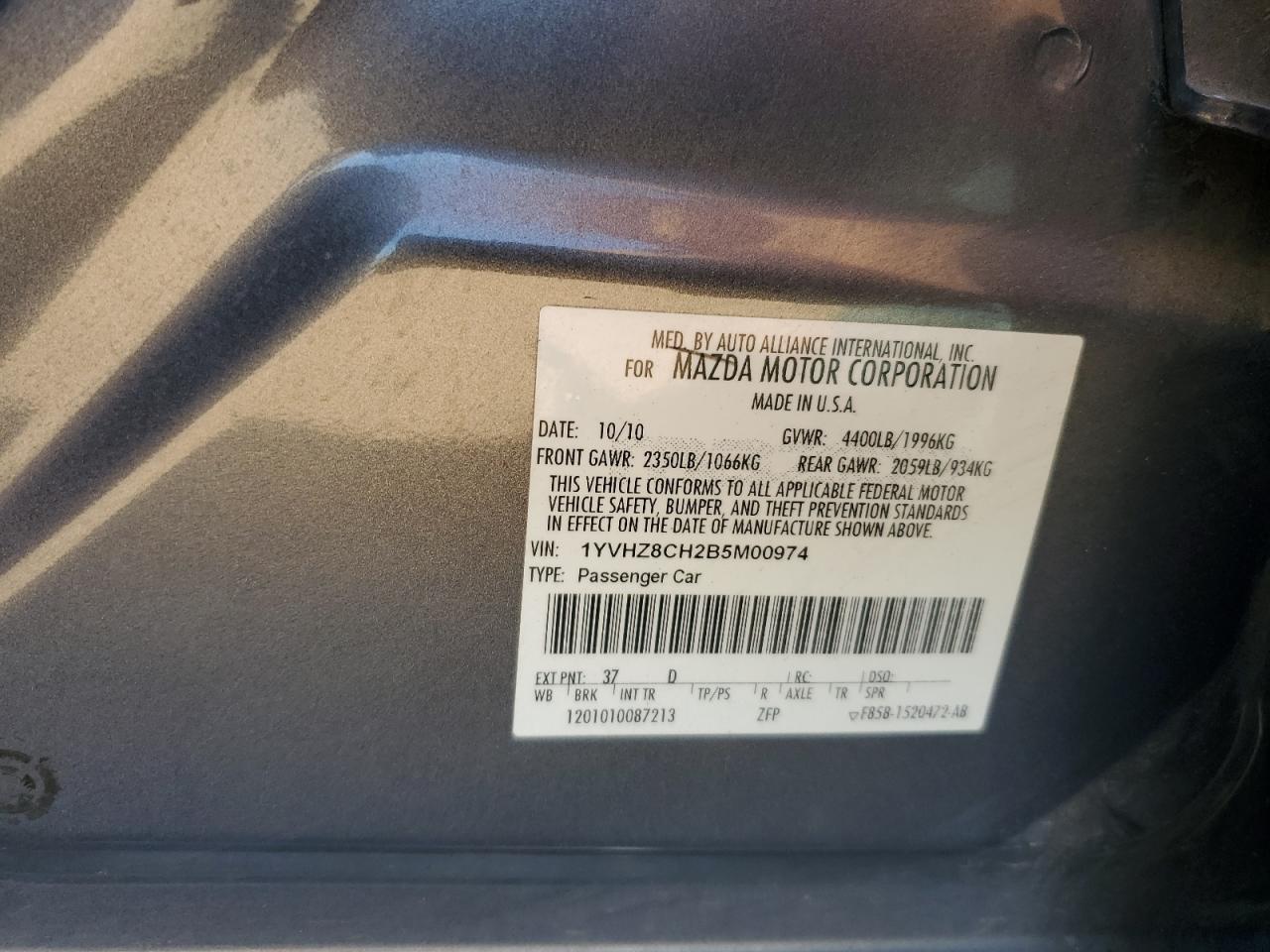 2011 Mazda 6 I VIN: 1YVHZ8CH2B5M00974 Lot: 90632335