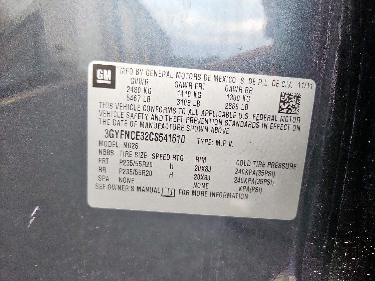 2012 Cadillac Srx Premium Collection VIN: 3GYFNCE32CS541610 Lot: 86172025