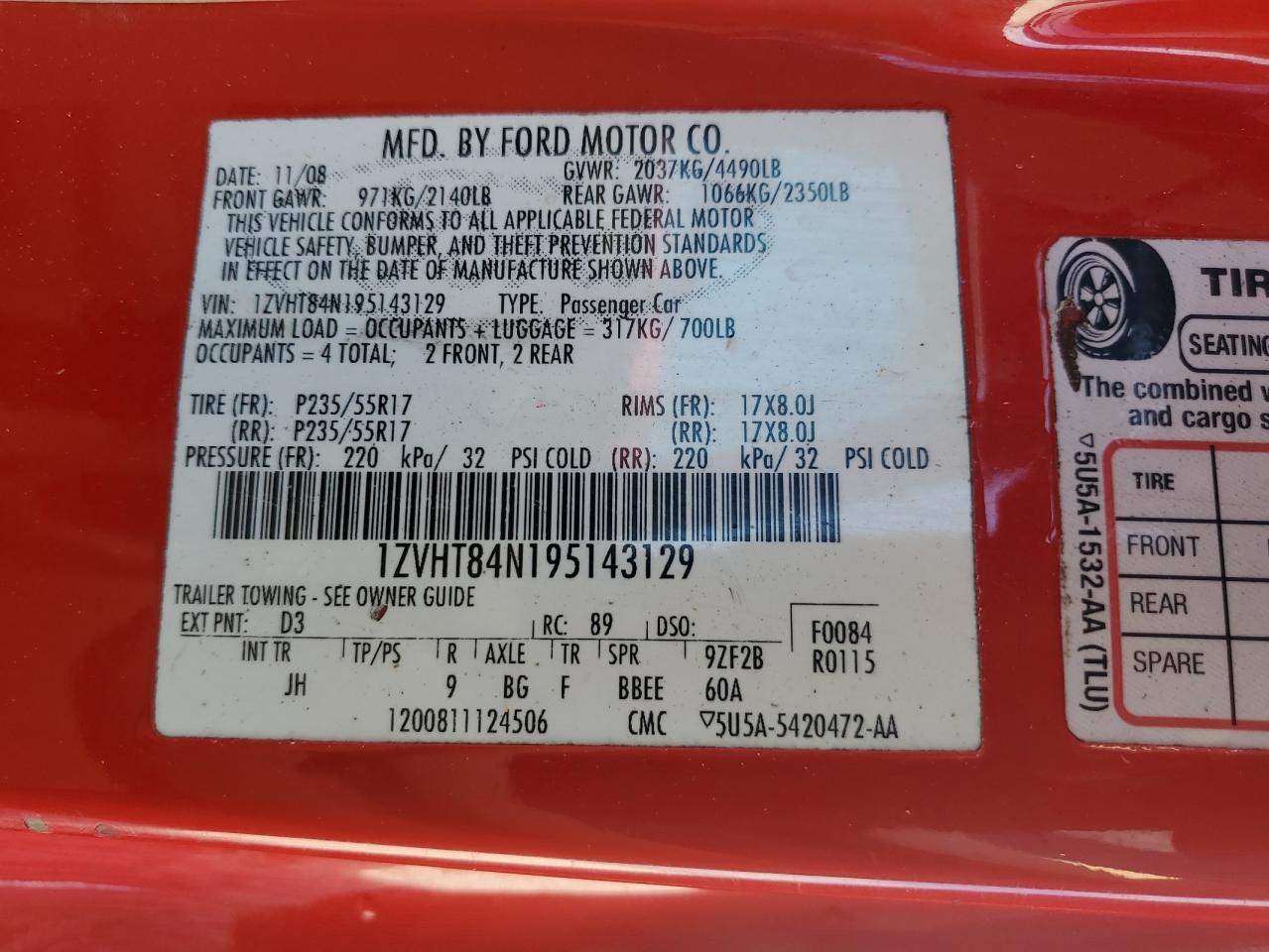 2009 Ford Mustang VIN: 1ZVHT84N195143129 Lot: 85766555