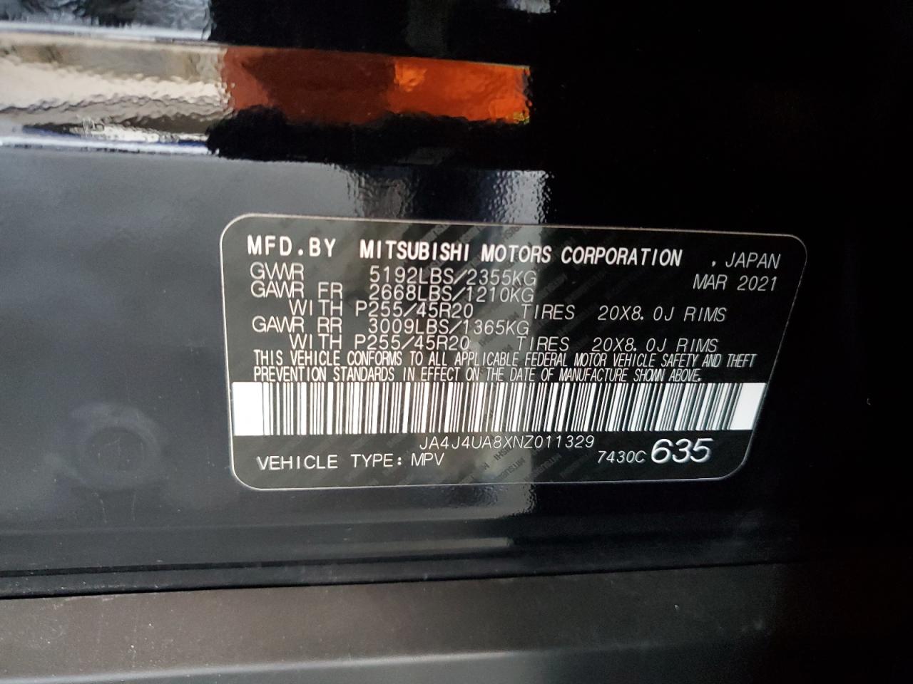 2022 Mitsubishi Outlander Se VIN: JA4J4UA8XNZ011329 Lot: 87284345