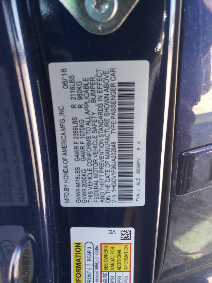 2018 Honda Accord Touring VIN: 1HGCV1F96JA202848 Lot: 86089035