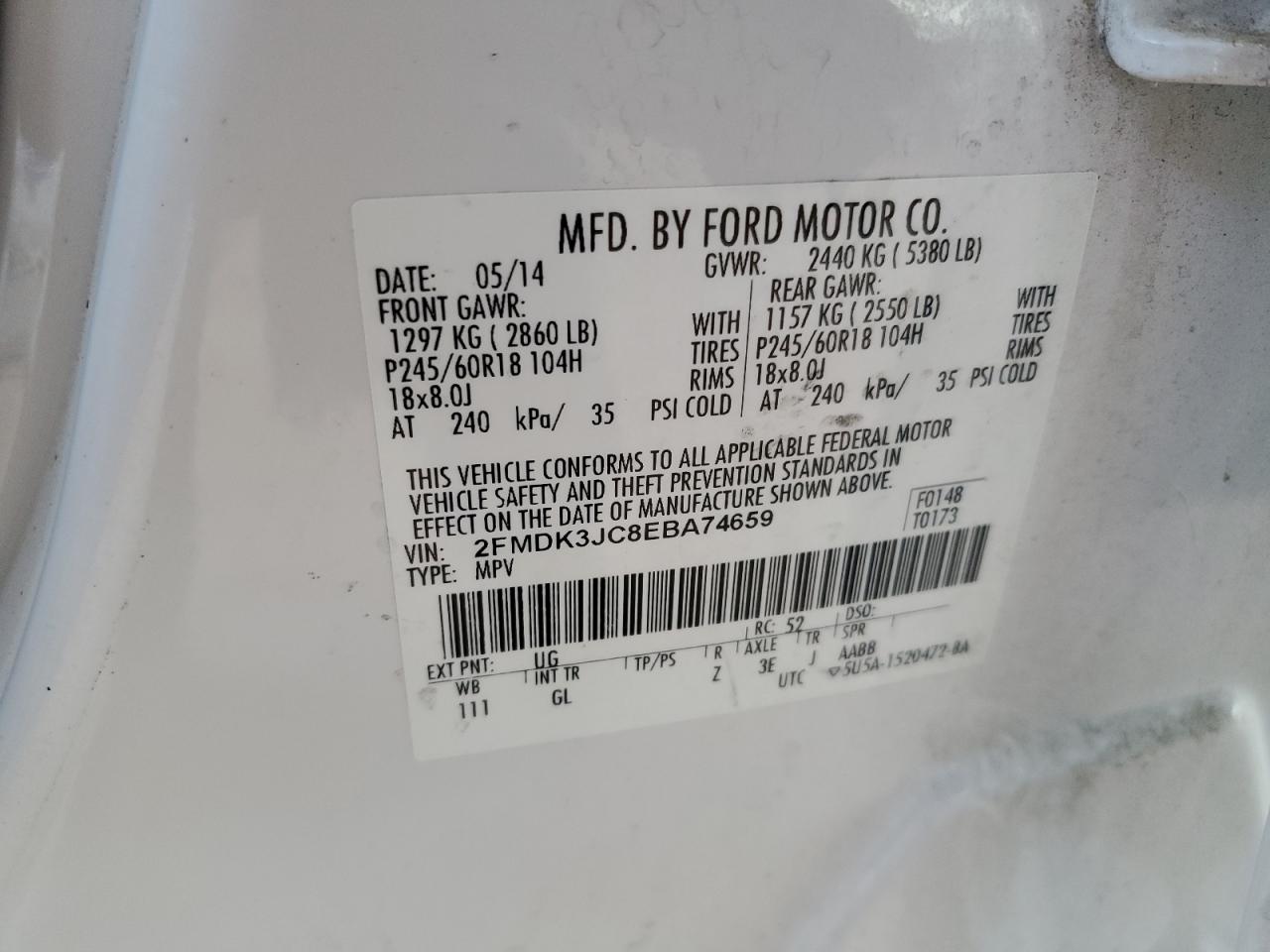 2014 Ford Edge Sel VIN: 2FMDK3JC8EBA74659 Lot: 86261325