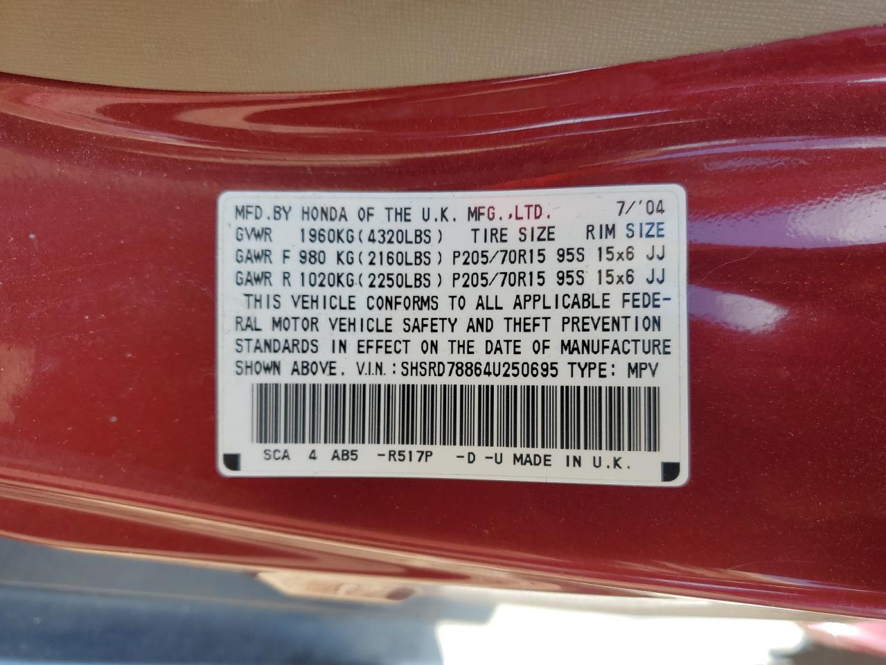 2004 Honda Cr-V Ex VIN: SHSRD78864U250695 Lot: 82052145