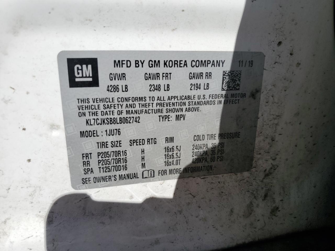 2020 Chevrolet Trax Ls VIN: KL7CJKSB8LB062742 Lot: 85666925