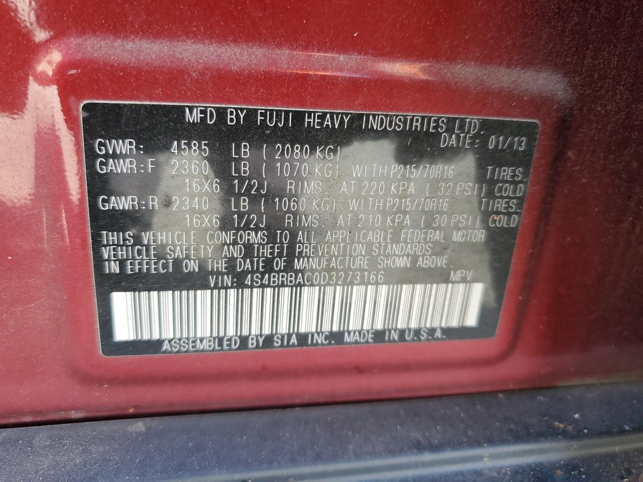 2013 Subaru Outback 2.5I VIN: 4S4BRBAC0D3273166 Lot: 82249595