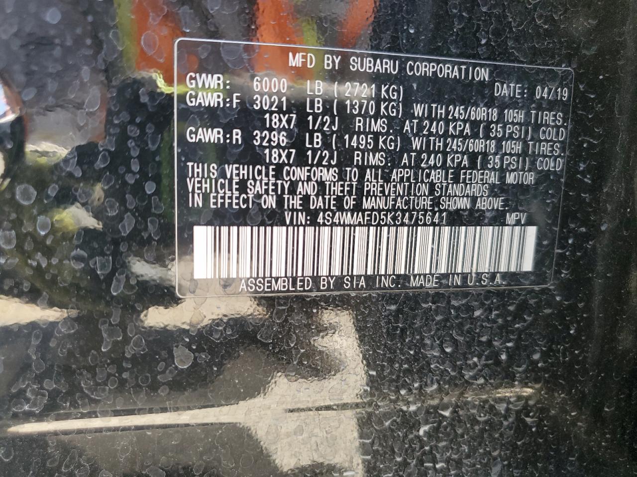 2019 Subaru Ascent Premium VIN: 4S4WMAFD5K3475641 Lot: 82351365